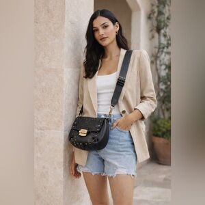 Furla Black Leather Crossbody Bag Perforated Floral Detail Gold Hardware